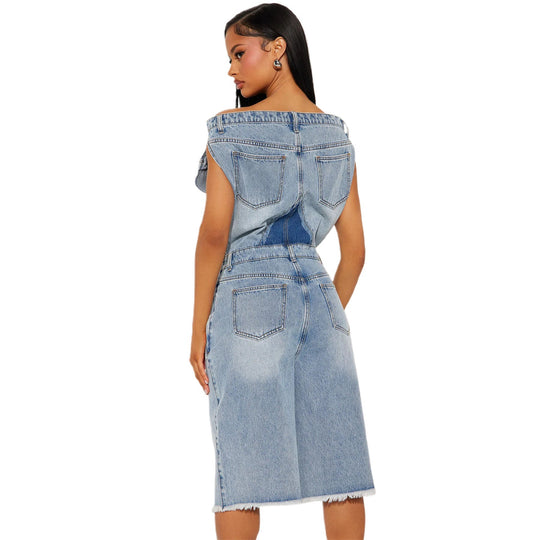 Blue denim romper back view with patch pockets and stitched yoke panel