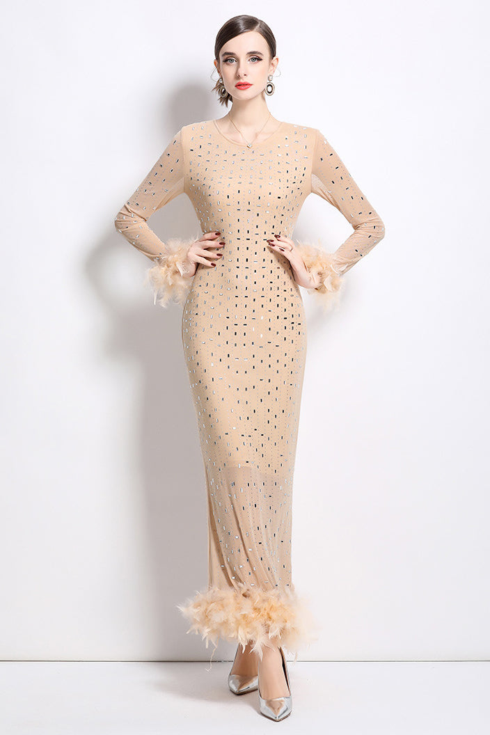 Beige maxi party dress, round neckline, long sleeves, feather trim at cuffs and hem