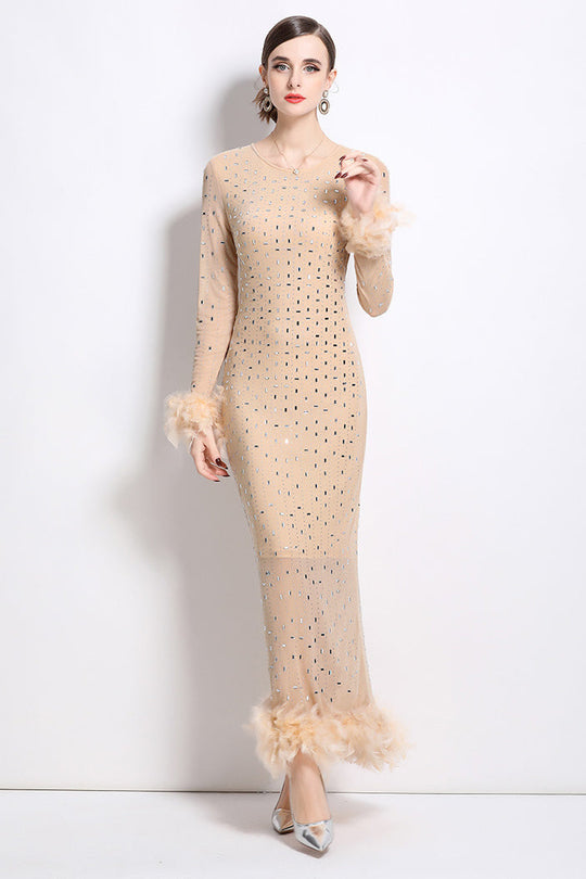 Beige maxi party dress with long sleeves, all-over dot embellishment and feather trim