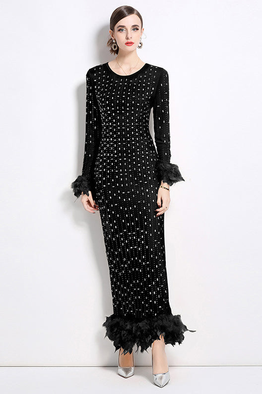 Black glitter sequin maxi party dress with long sleeves and feathered cuffs