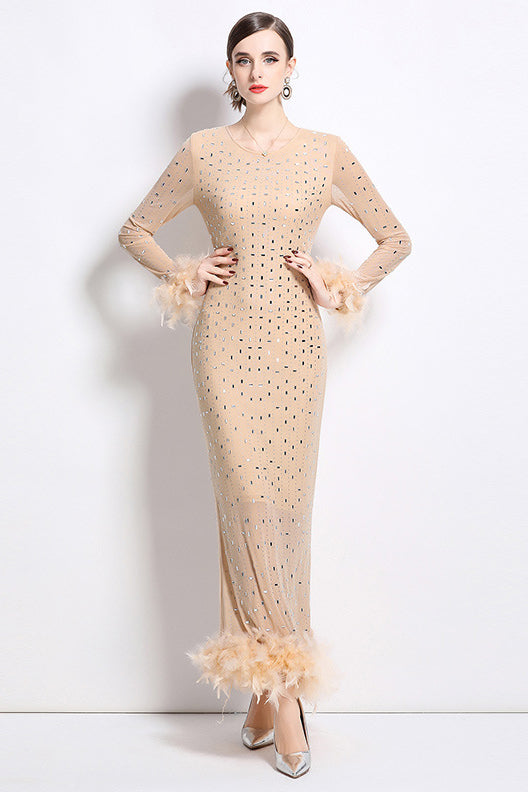 Beige sequin-dot maxi dress with feather cuffs and hem, fitted silhouette