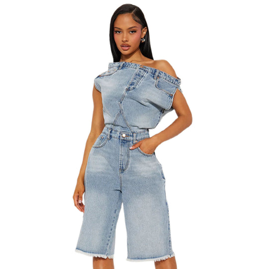 Blue denim off-shoulder romper with button waistband and front pockets