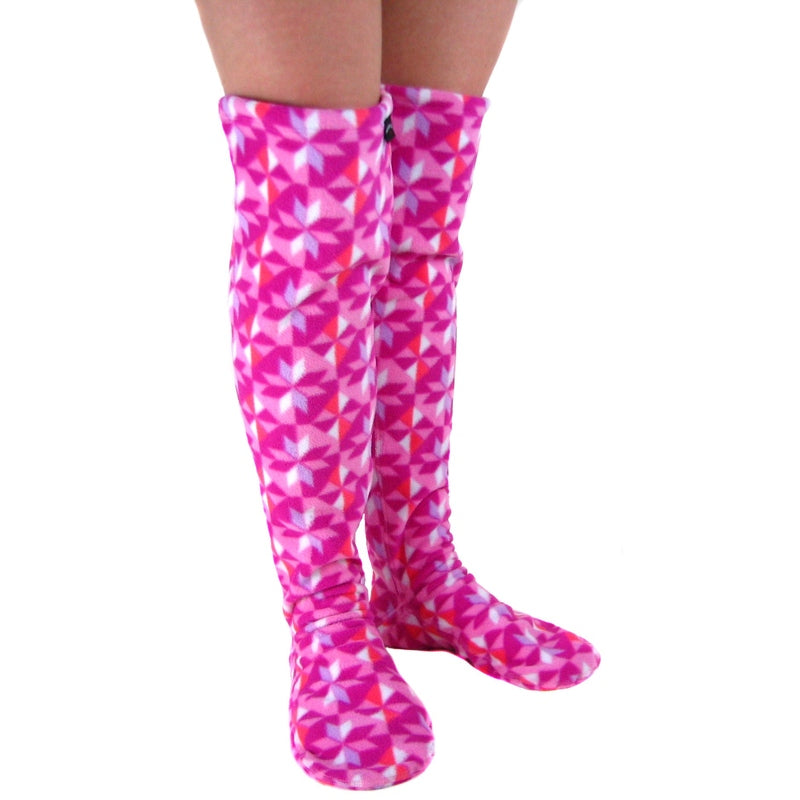 Over-the-knee fleece socks, pink-and-white geometric pattern, ribbed cuff
