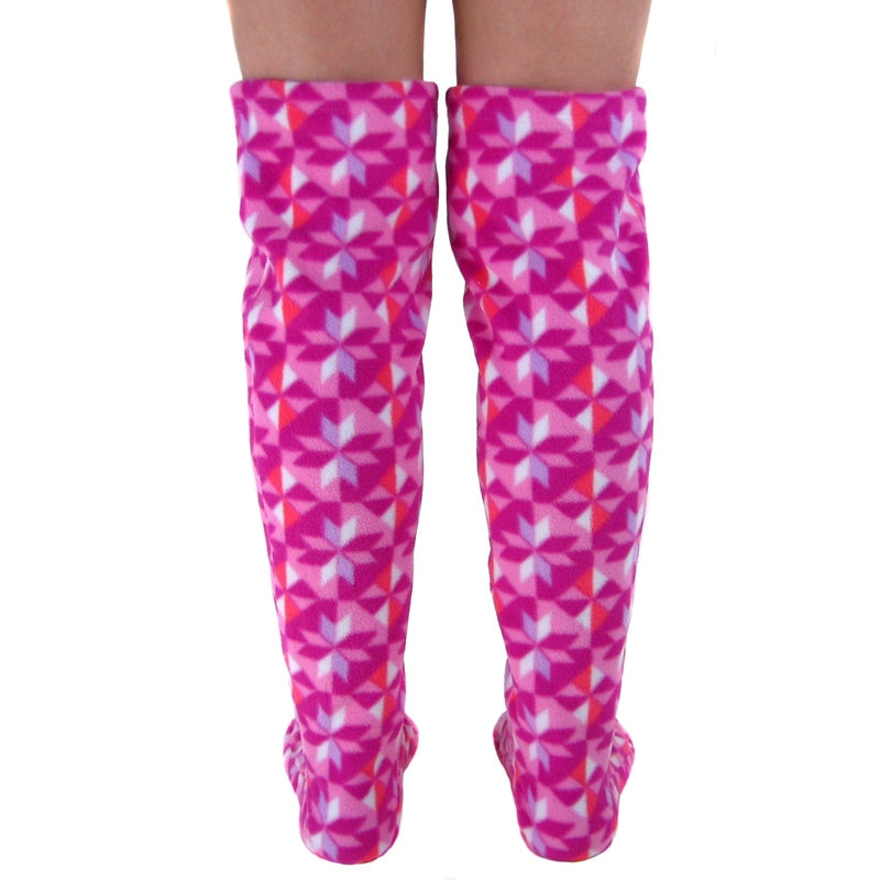Pair of over-the-knee fleece socks with pink-and-white geometric print
