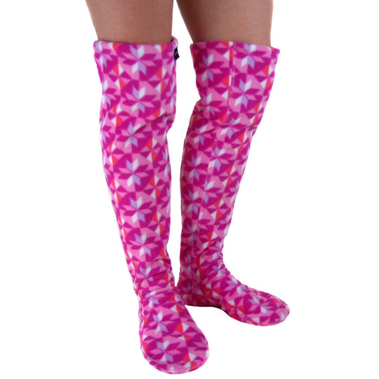 Over-the-knee fleece socks in pink-and-white geometric print, full leg coverage