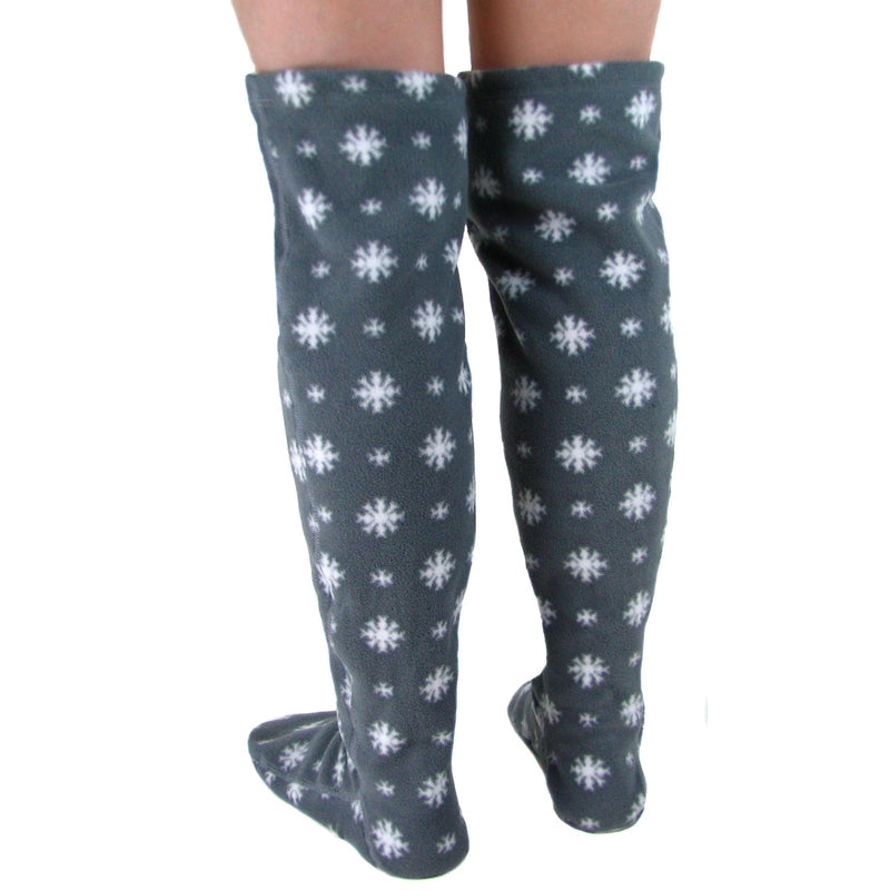 Fleece knee-high socks, allover snowflake print, dark blue