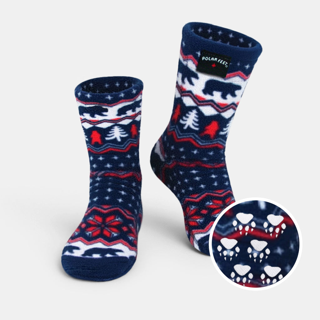 Kids fleece socks in navy with polar bear, stars, and zigzag trim
