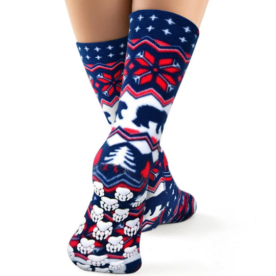 Kids fleece socks in navy with polar bear and winter icons; ribbed cuff