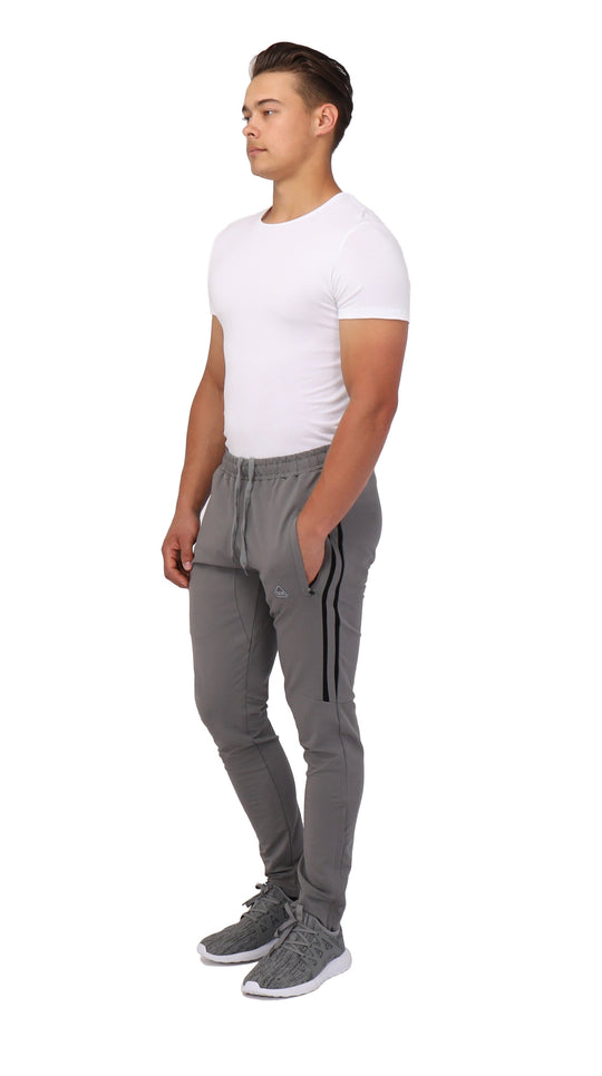 Flex jogger sweatpants in platinum grey with black side stripe, full body view