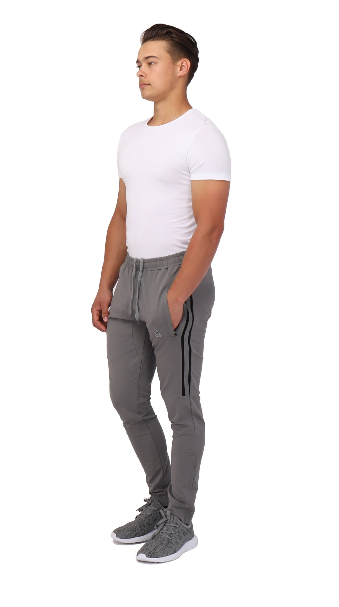 dunkelgraue Jogger-Sweatpants mit schwarzen Streifen, elastischem Bündchen und Kordelzugbund