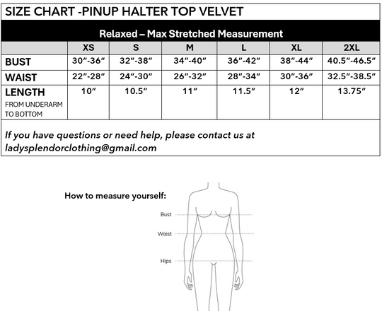 Size chart: Pinup halter top velvet—XS to 2XL relaxed max stretch measurements table