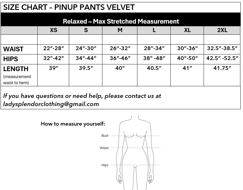 Size chart for Pinup Pants Velvet: waist, hips, and length measurements (XS–2XL)