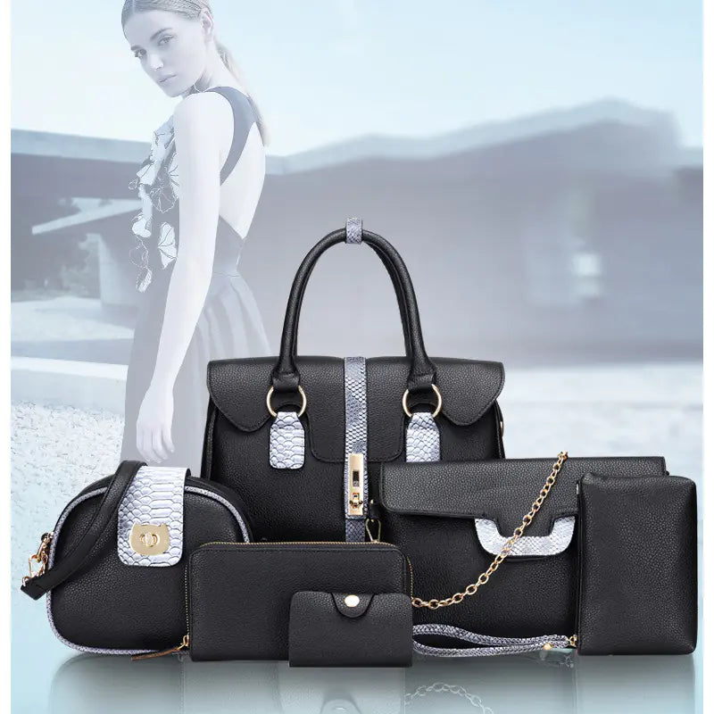 Black snake-print shoulder bag set: top handle, chain crossbody, matching pouch