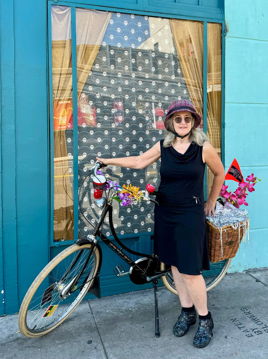 Bike Date Dress (Black): sleeveless knee-length black dress with draped neckline