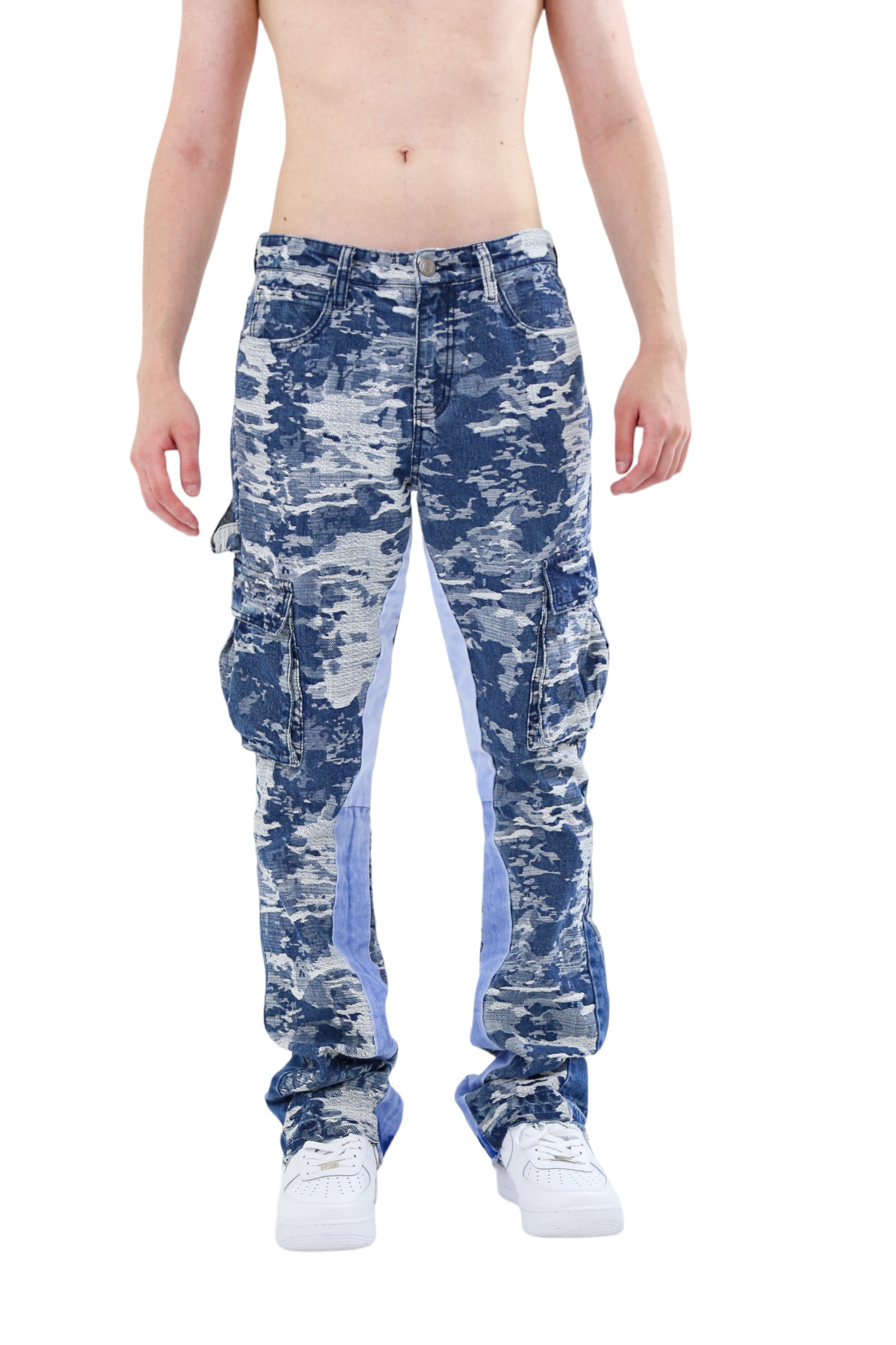Blue camo cargo stacked-fit jeans, flap pockets, button-and-zip fly, stacked cuffs