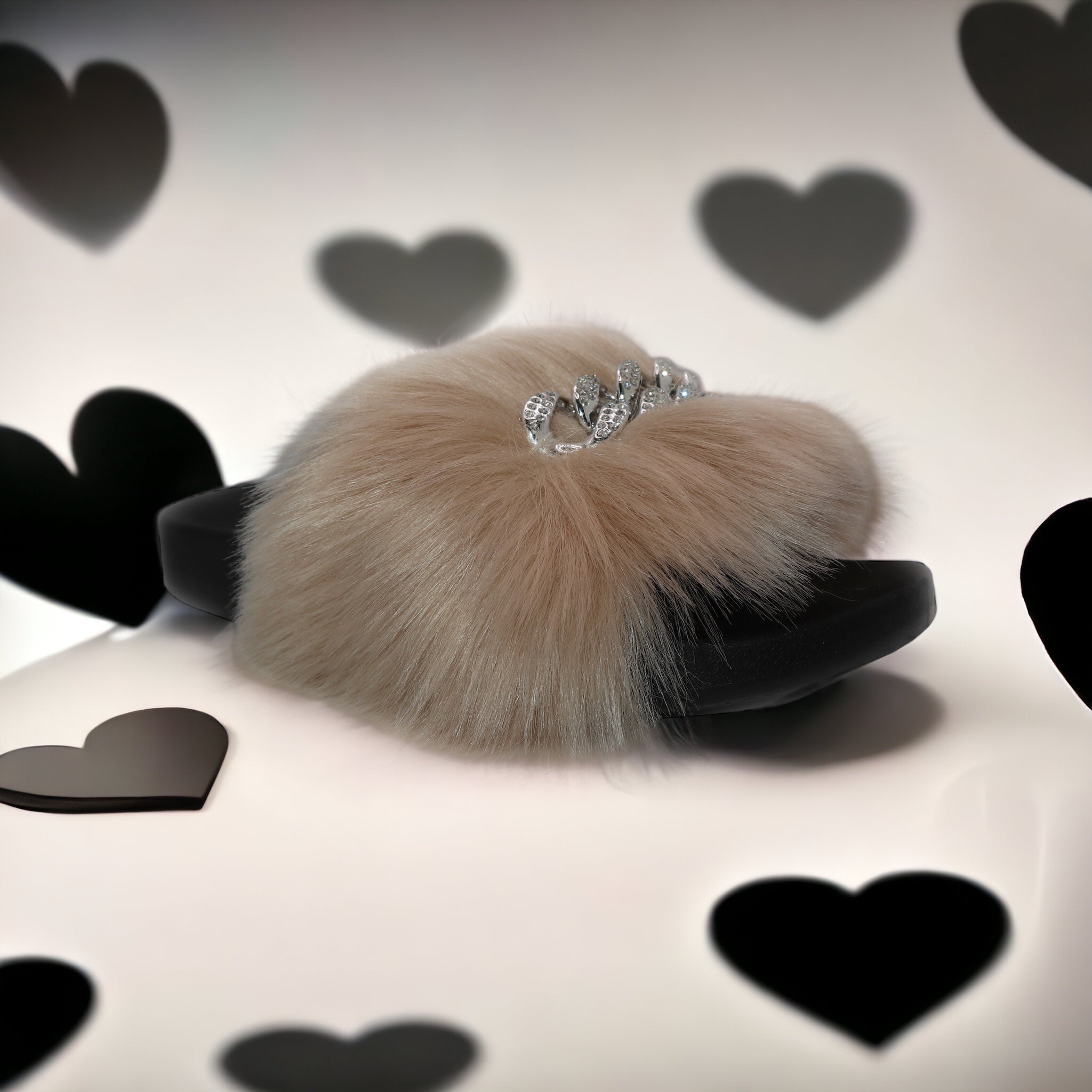 Michaela V tan faux-fur V slippers with silver rhinestone chain detail