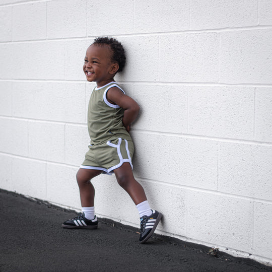 Sage bamboo rib track shorts set: sleeveless top and shorts, white contrast trim
