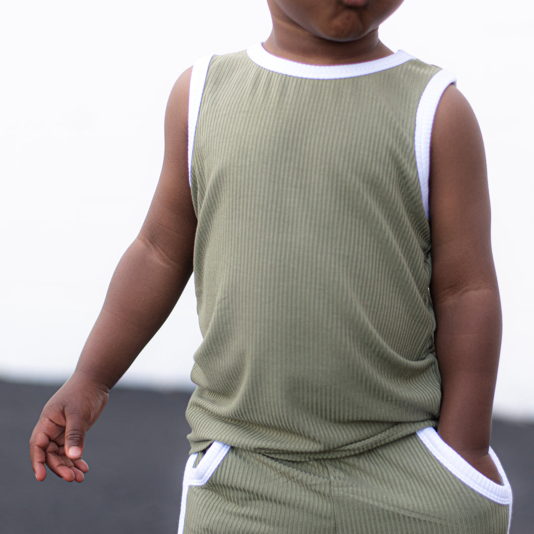 Sage bamboo rib sleeveless top and shorts, white neckline and tie trim
