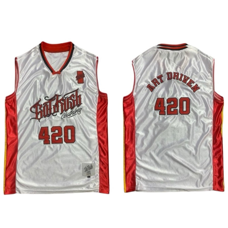 Creed Basketball Jersey weiß mit rotem Rand, Schriftzug und „420“ Frontprint
