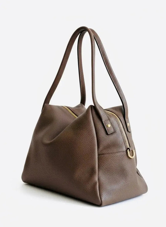 THE FRANCES slouchy tote marrón oscuro de cuero con cremallera dorada y asas altas