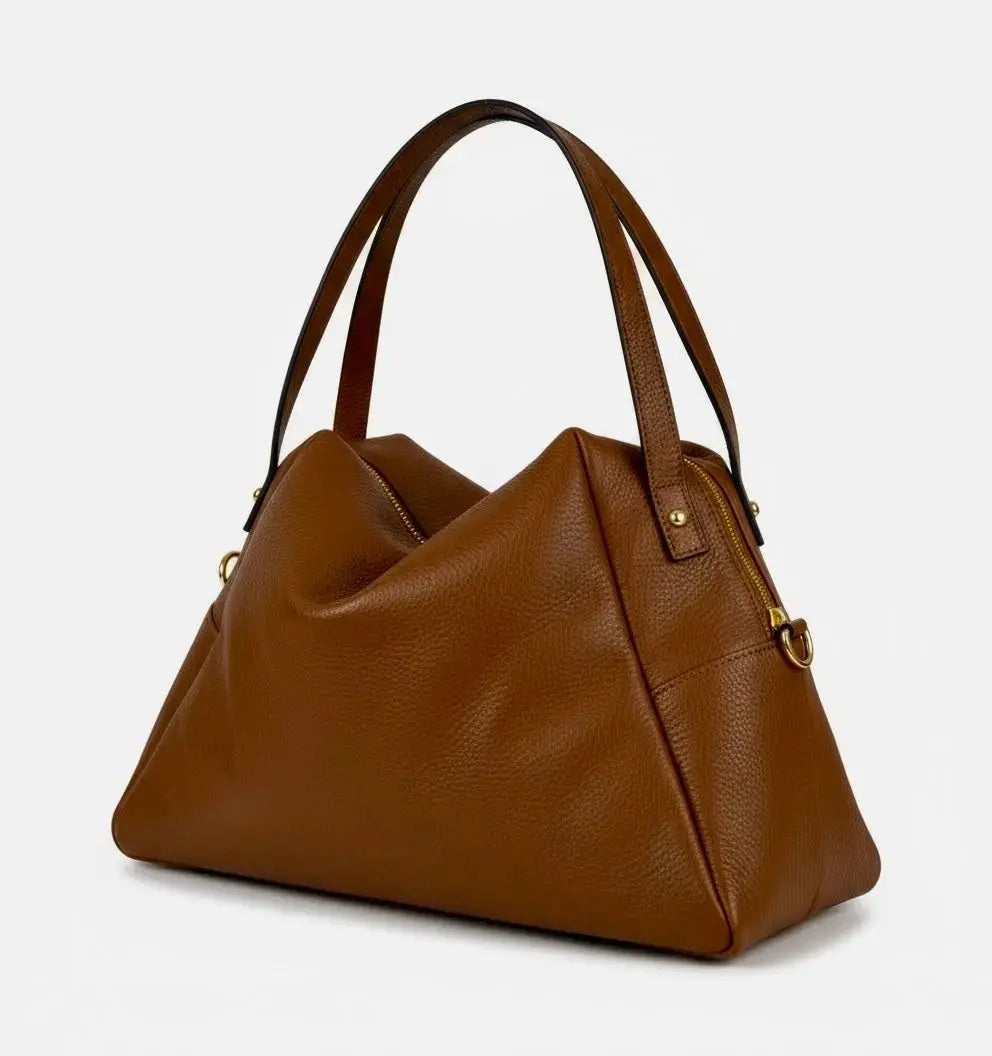 THE FRANCES SLOUCHY TOTE camel slouchy tote with zip top and textured leather finish