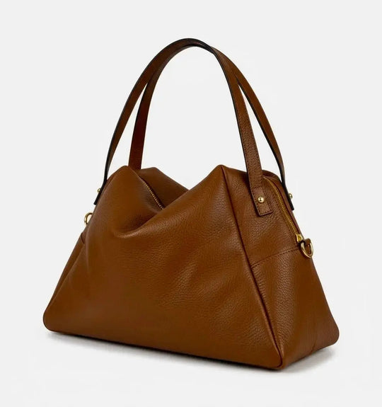 THE FRANCES SLOUCHY TOTE camel slouchy tote with zip top and textured leather finish