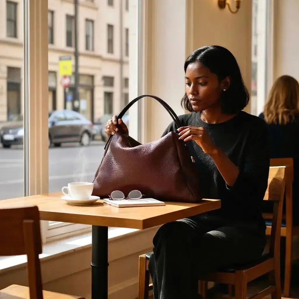 Merlot slouchy tote carried by top handles with curved front and zip closure