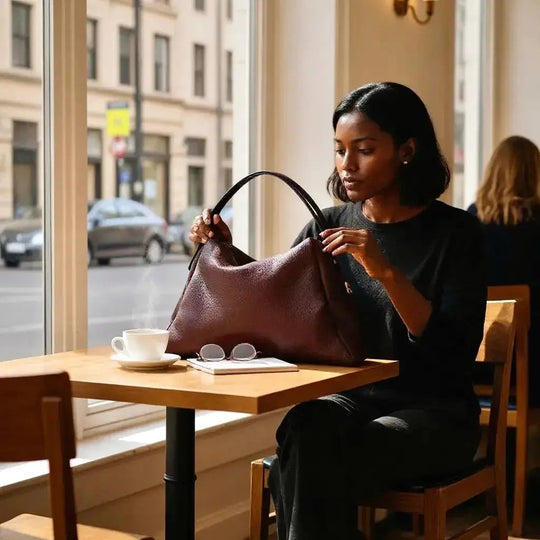 Merlot slouchy tote carried by top handles with curved front and zip closure