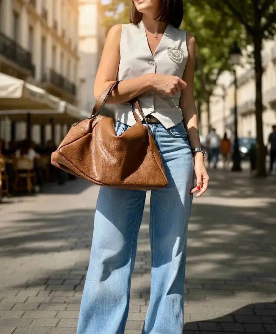 Camel slouchy tote with dual handles and zip top, pebbled leather texture