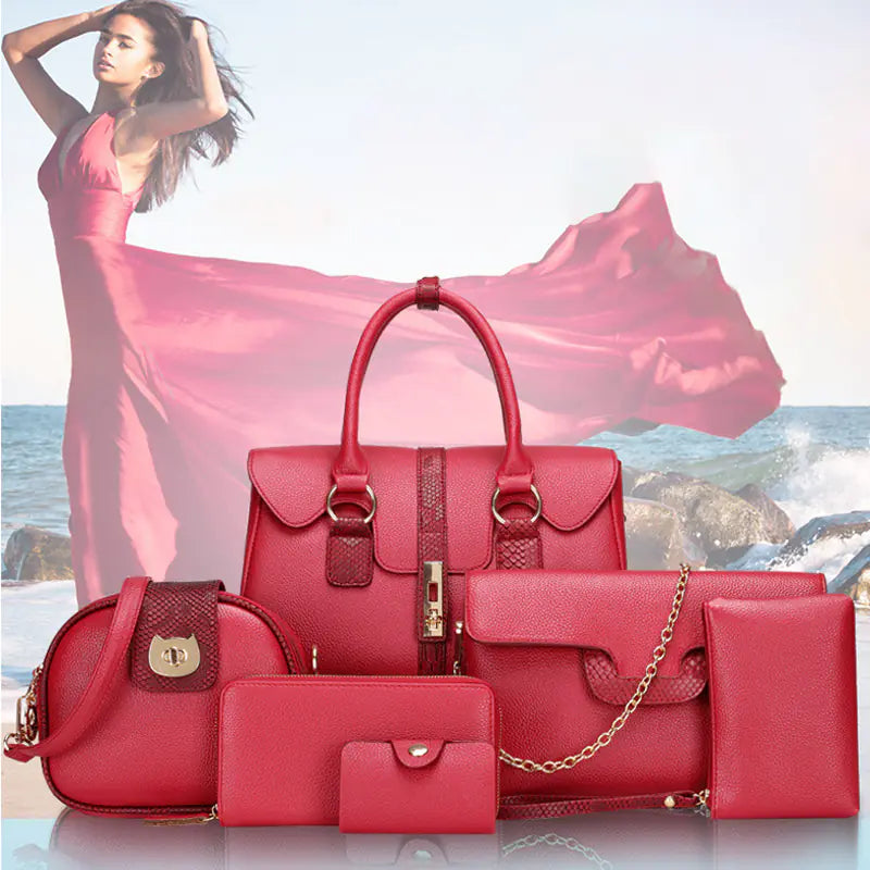 Red snake-print shoulder bag set front: satchel with matching wallet clutch
