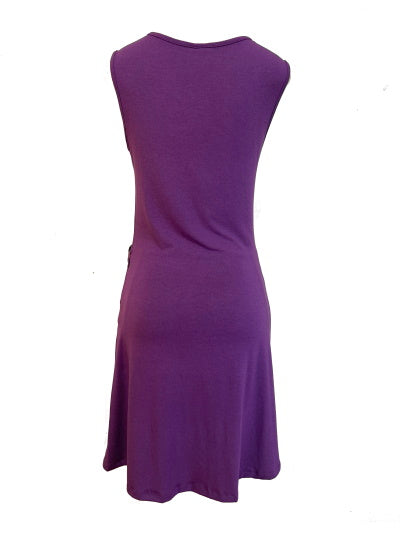 Bike Date Dress in purple, sleeveless back view with smooth draped panel