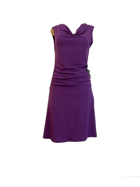 Bike Date Dress in purple, sleeveless cowl neck with ruched waist detailing