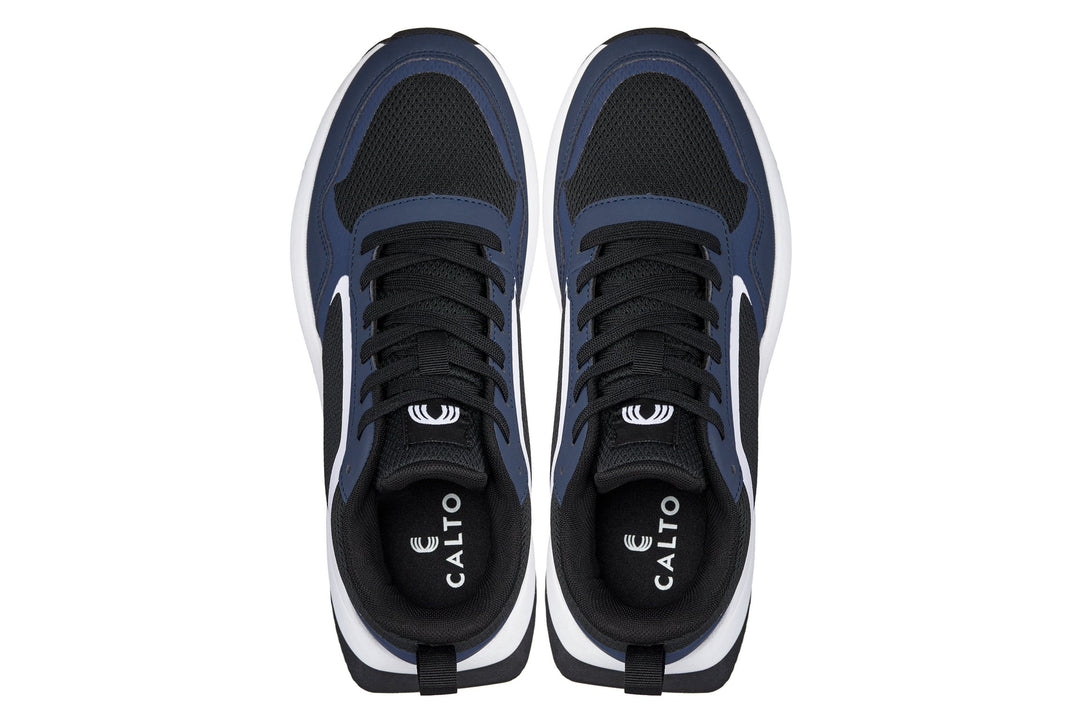 CALTO Q152 pair front view, black tongue lining, navy/black uppers and white soles