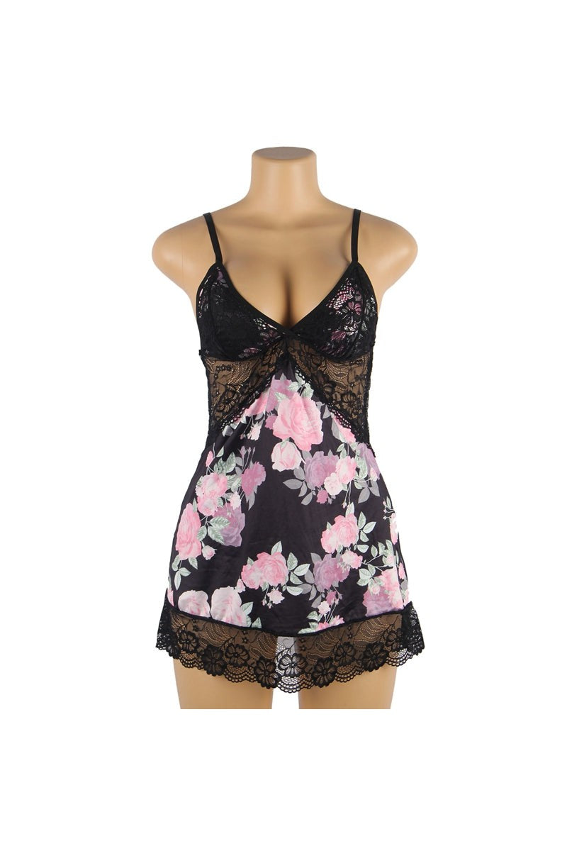 Black chemise on mannequin with deep V lace bodice and pink rose print