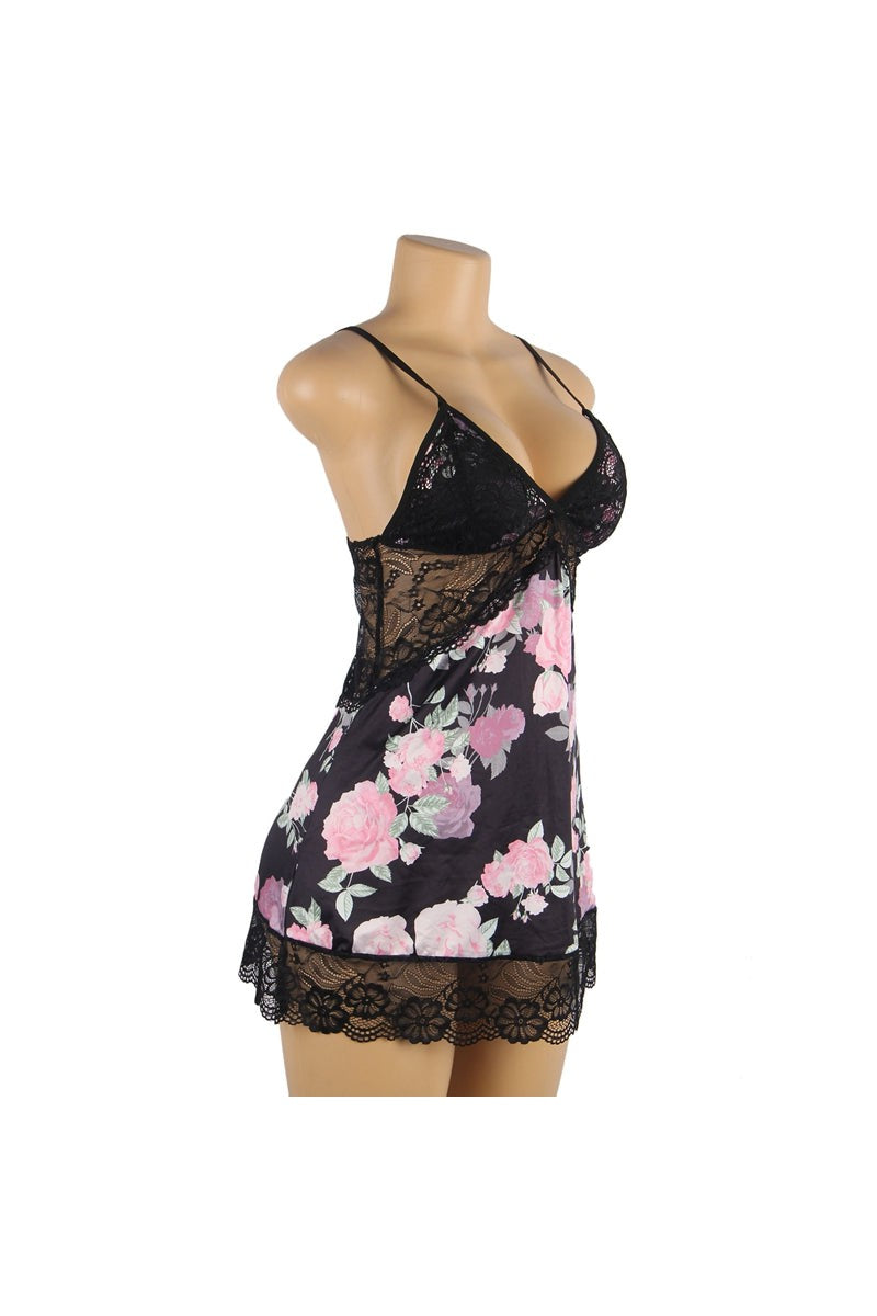 Sleeveless black chemise with pink floral print and lace overlay panels