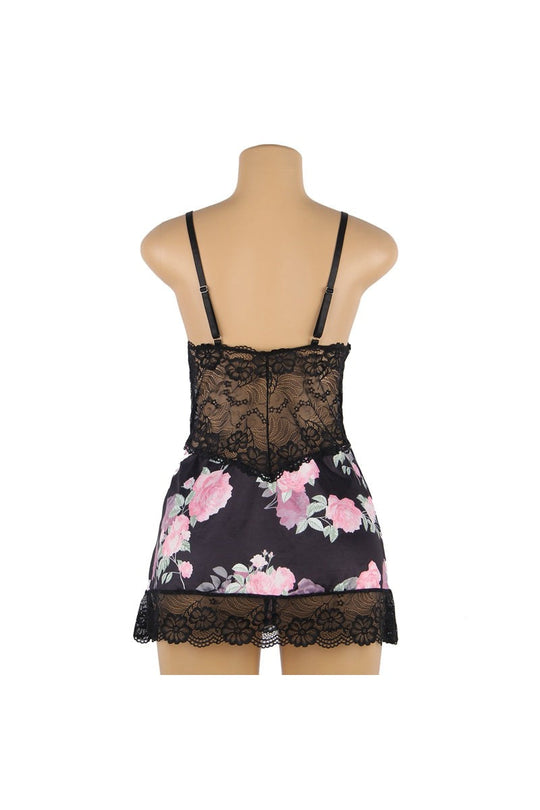 Back view black floral chemise with lace bodice and adjustable straps