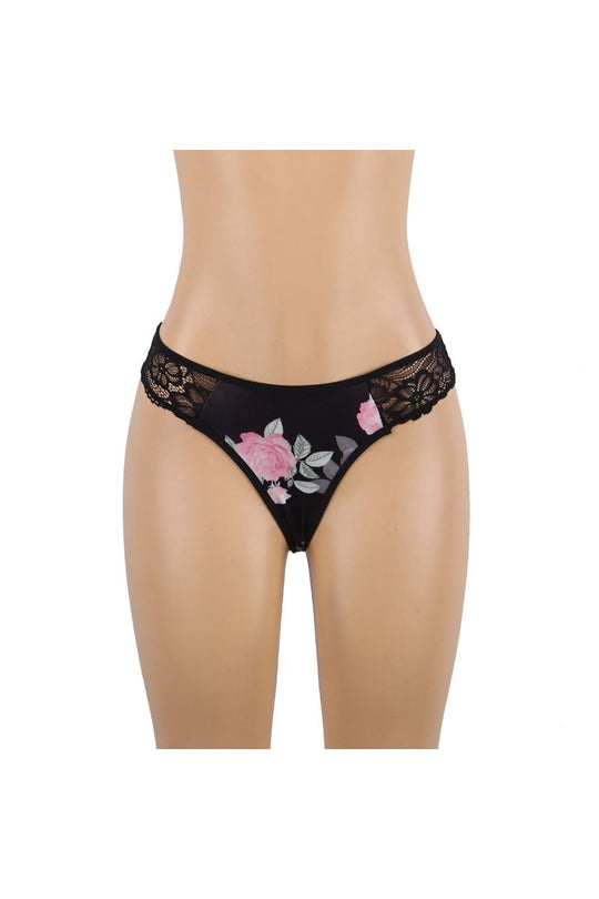 Black floral lace-trim thong with pink rose embroidery on front