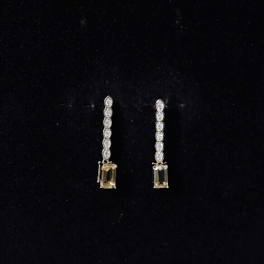 Gold-plated citrine bar drop earrings with round diamond accents, screw-back style
