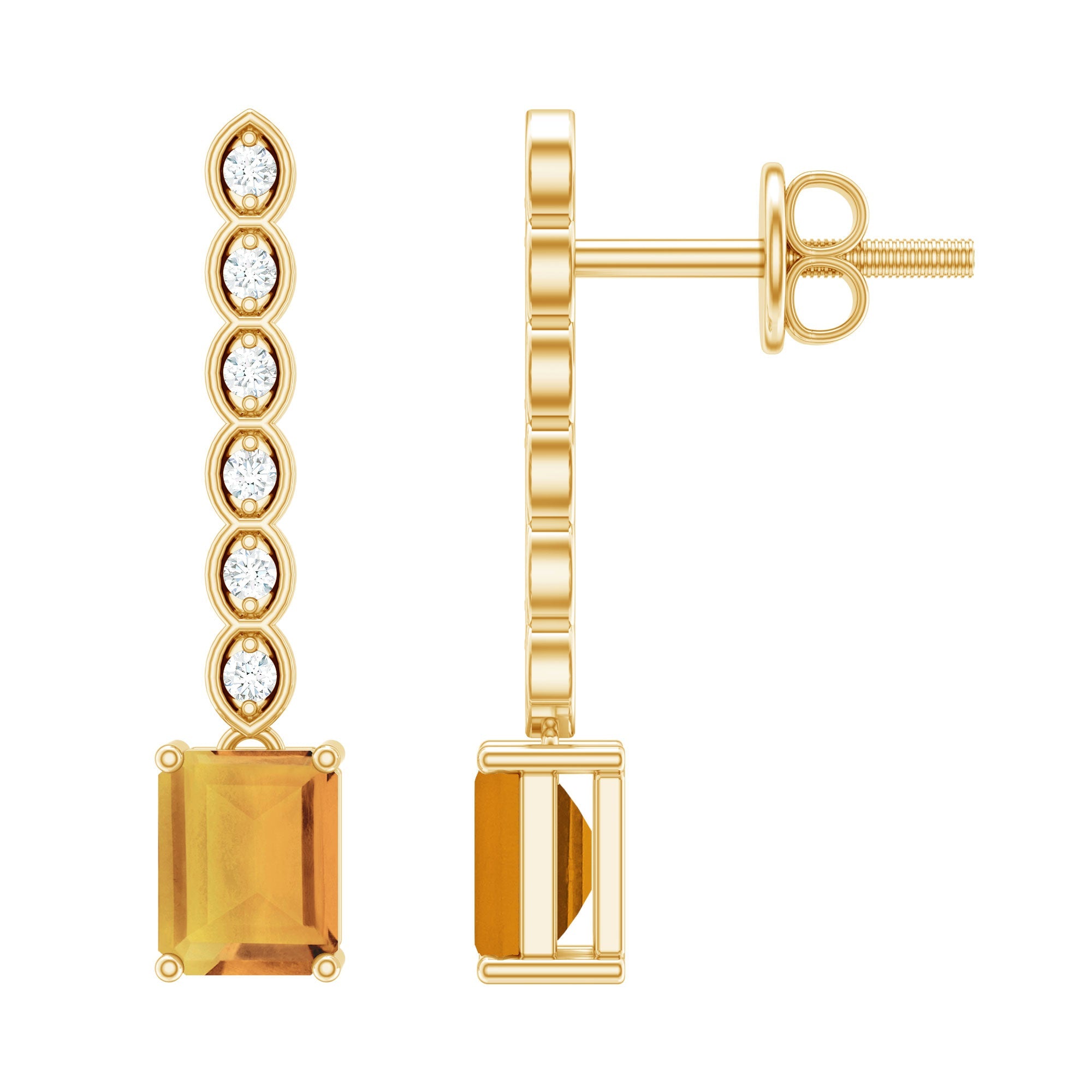 Emerald-cut citrine & diamond bar drop earrings, gold-plated look with round accents