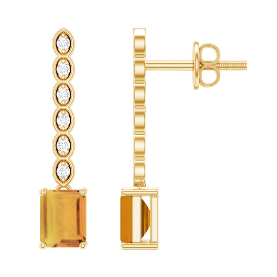 Emerald-cut citrine &amp; diamond bar drop earrings, gold-plated look with round accents