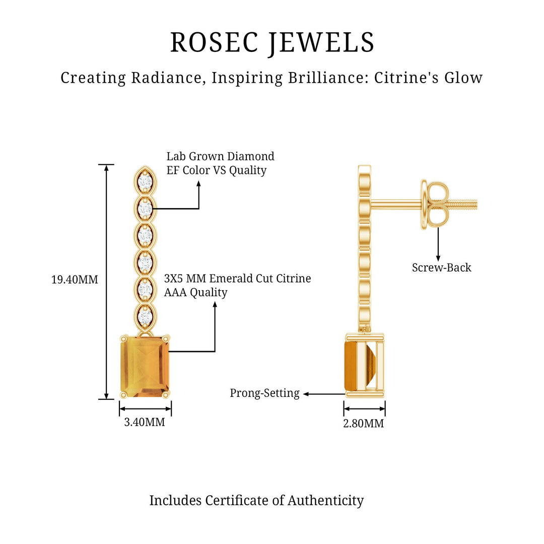 Rosec Jewels design diagram: citrine bar drop earrings with screw-back and dimensions
