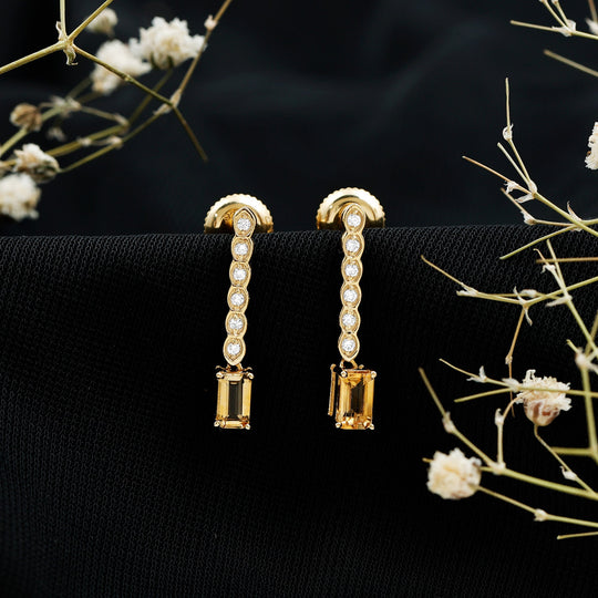 Pair of gold-plated citrine bar drop earrings with diamond accents and round stones