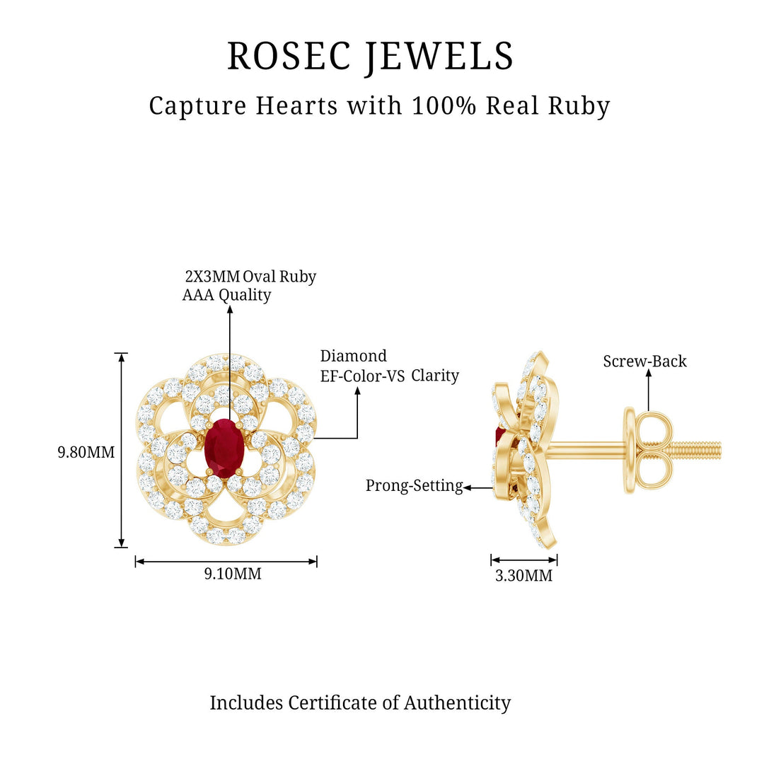 Maßskizze: ROSEC JEWELS Steckerohrringe mit Oval-Rubin AAA, Screw-Back, 9,80 mm