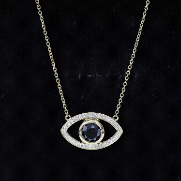 Evil eye pendant necklace with dark center stone and white pavé border