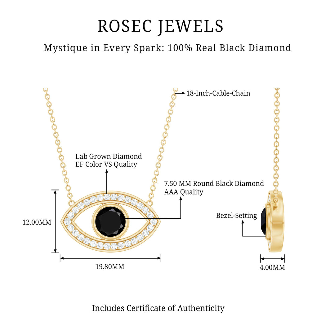 Evil eye necklace diagram: 19.8 mm pendant, 7.5 mm black stone, 18-inch chain