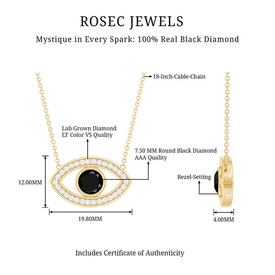 Evil eye necklace diagram: 19.8 mm pendant, 7.5 mm black stone, 18-inch chain