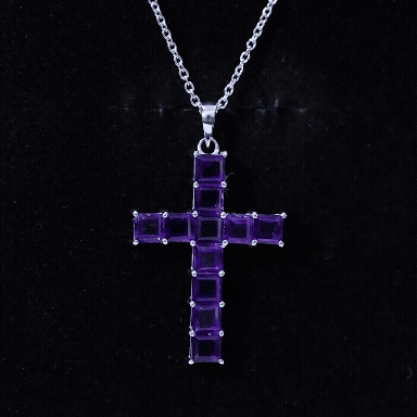Purple amethyst cross pendant with square princess-cut stones, prong-set on chain