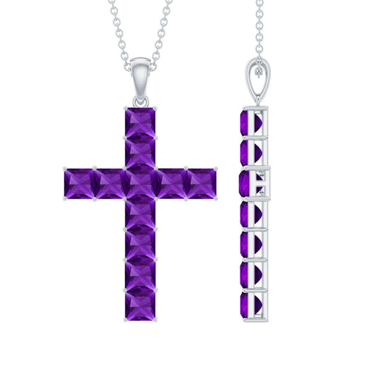 Amethyst cross pendant necklace with purple princess-cut stones on sterling silver chain