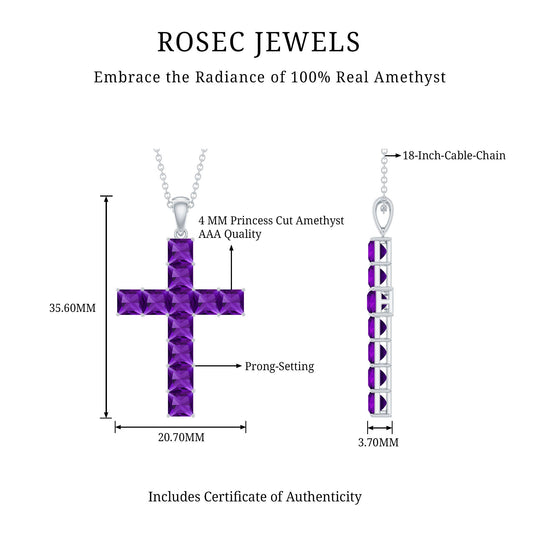 Amethyst cross necklace diagram: 4 mm stones, 18-inch cable chain, AAA quality