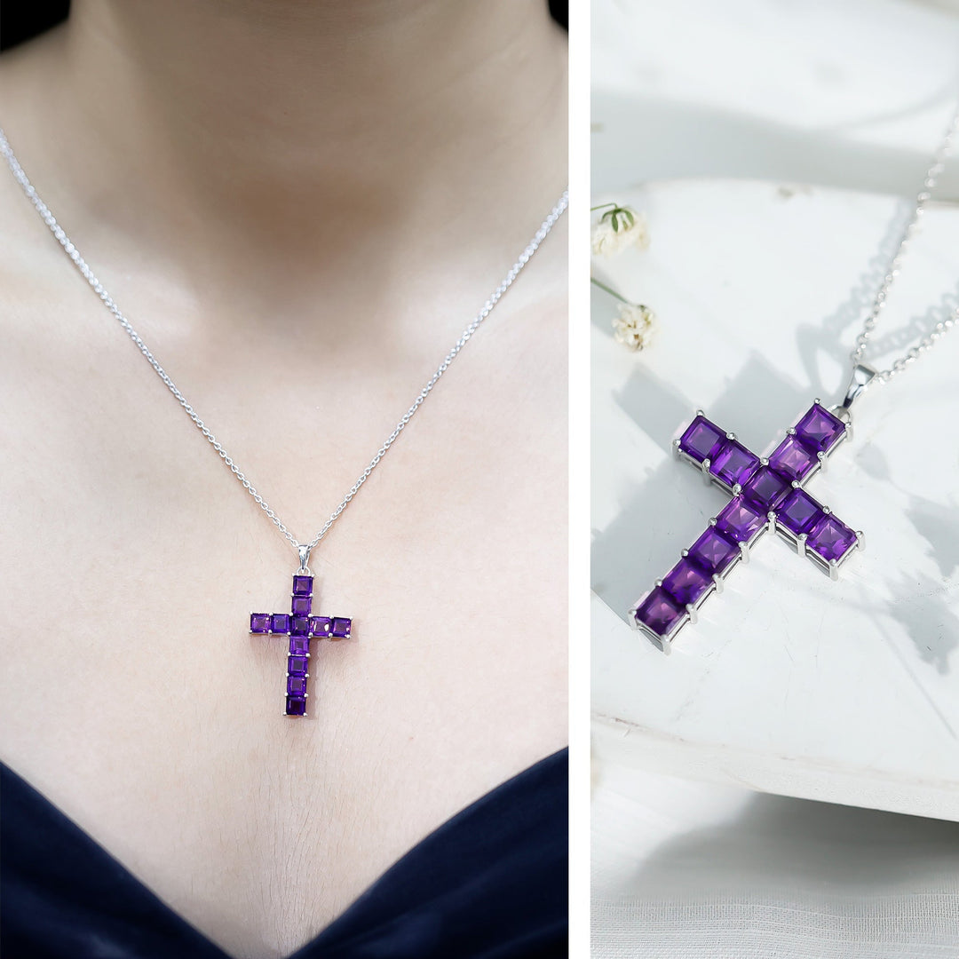 Cross pendant necklace: purple square-cut amethyst stones in silver prong setting